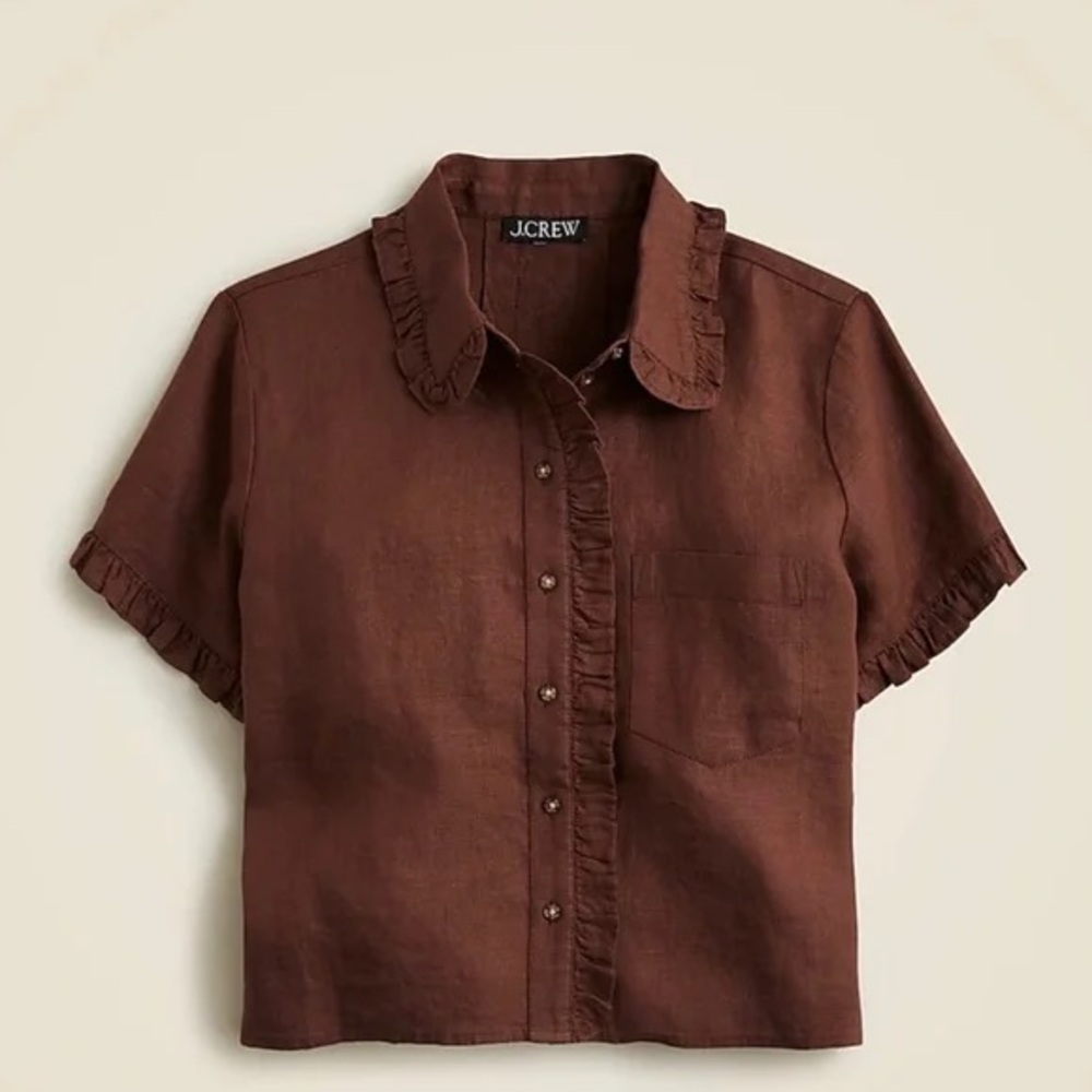 J.Crew Ruffle-trim button-up shirt in 100% linen Roasted Cocoa EUC